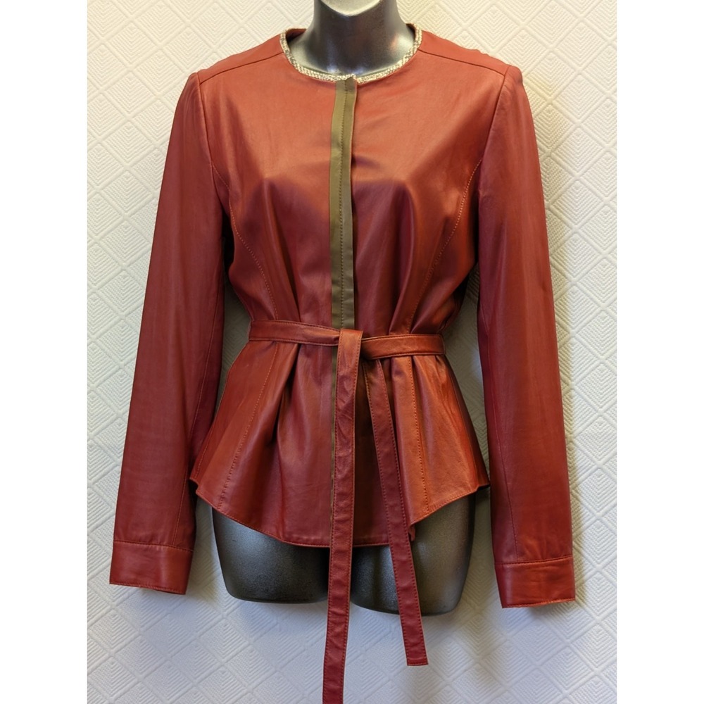Elie Tahari S Red Leather Belted Jacket